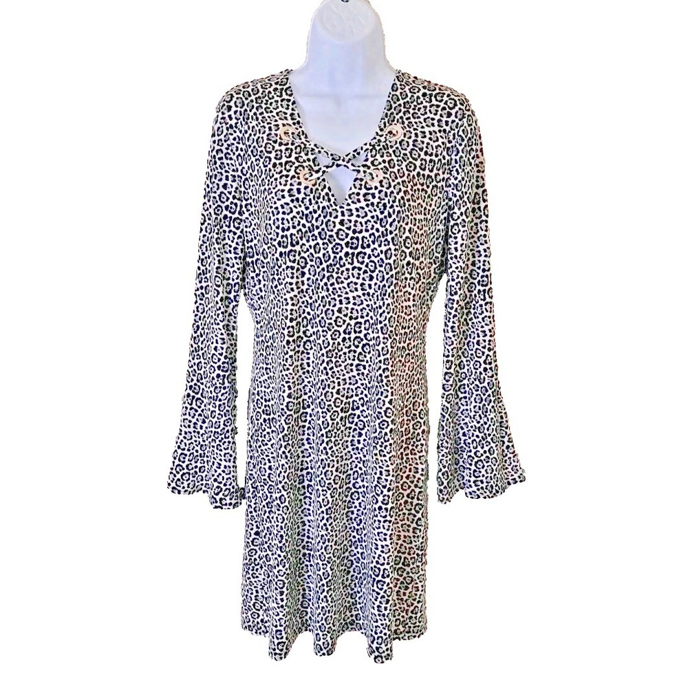 Michael Kors Shift Dress M Leopard Print Lace Up V-neck Long Bell Sleeve Stretch